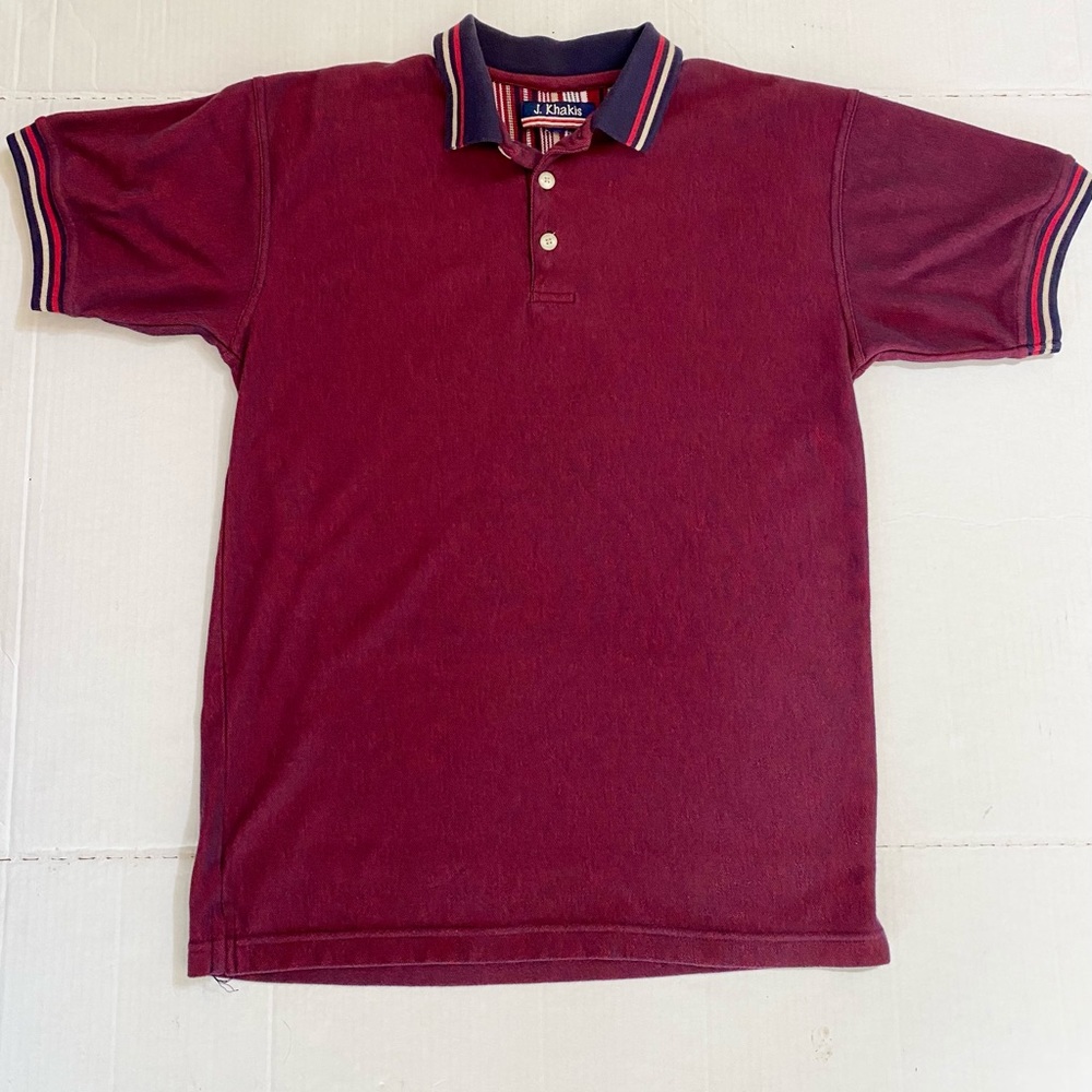 J Khakis Men Size Medium Polo Burgundy with Navy Striped Collar as shown